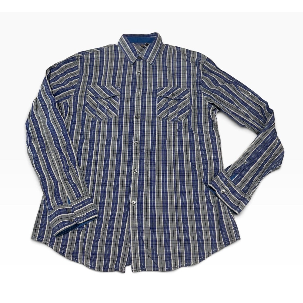 Esprit Mens Blue Gray Plaid Long Sleeve Button Down Cotton Shirt Large